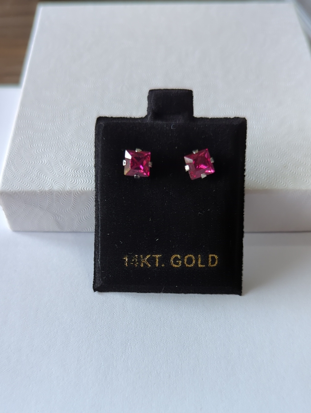 14KT White Gold Pink Square Stud Earrings